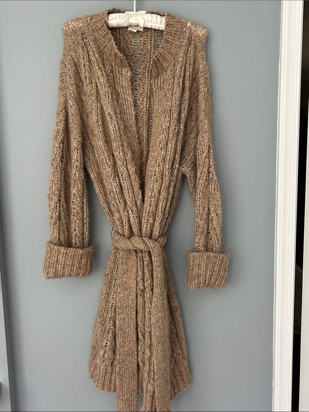 Garnet Hill Camel Cable-Knit Belted Open Cardigan